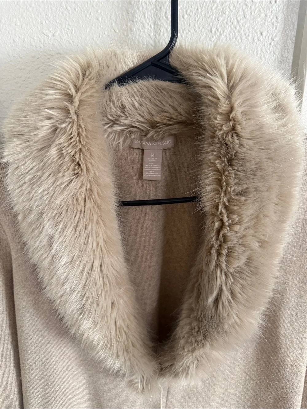 Faux-Fur Trim Taupe Button-Front Cardigan Sweater cotton cashmere blend